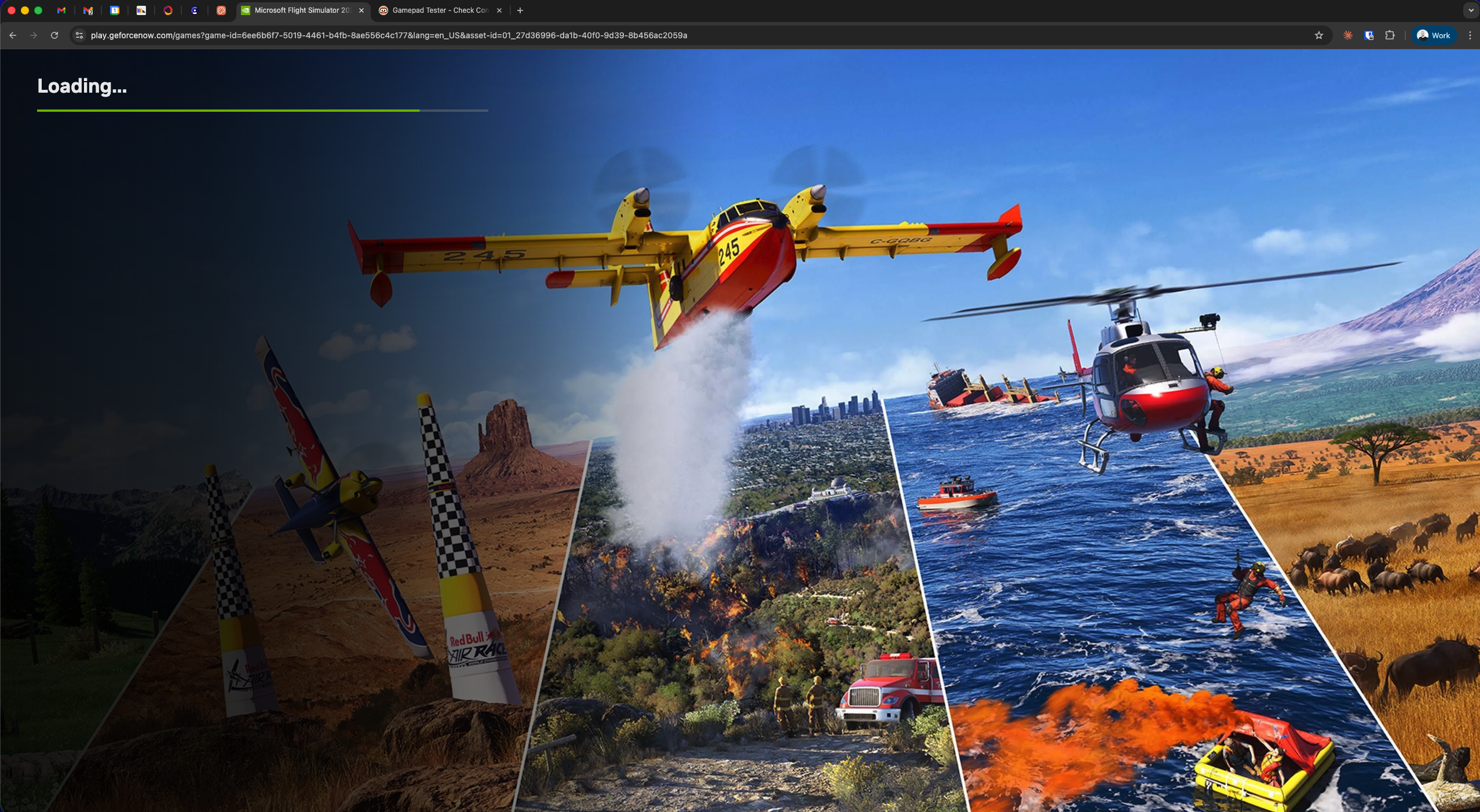 Screenshot: Microsoft Flight Simulator 2024 running on GeForce NOW in Chrome, controlled via the virtual Xbox driver