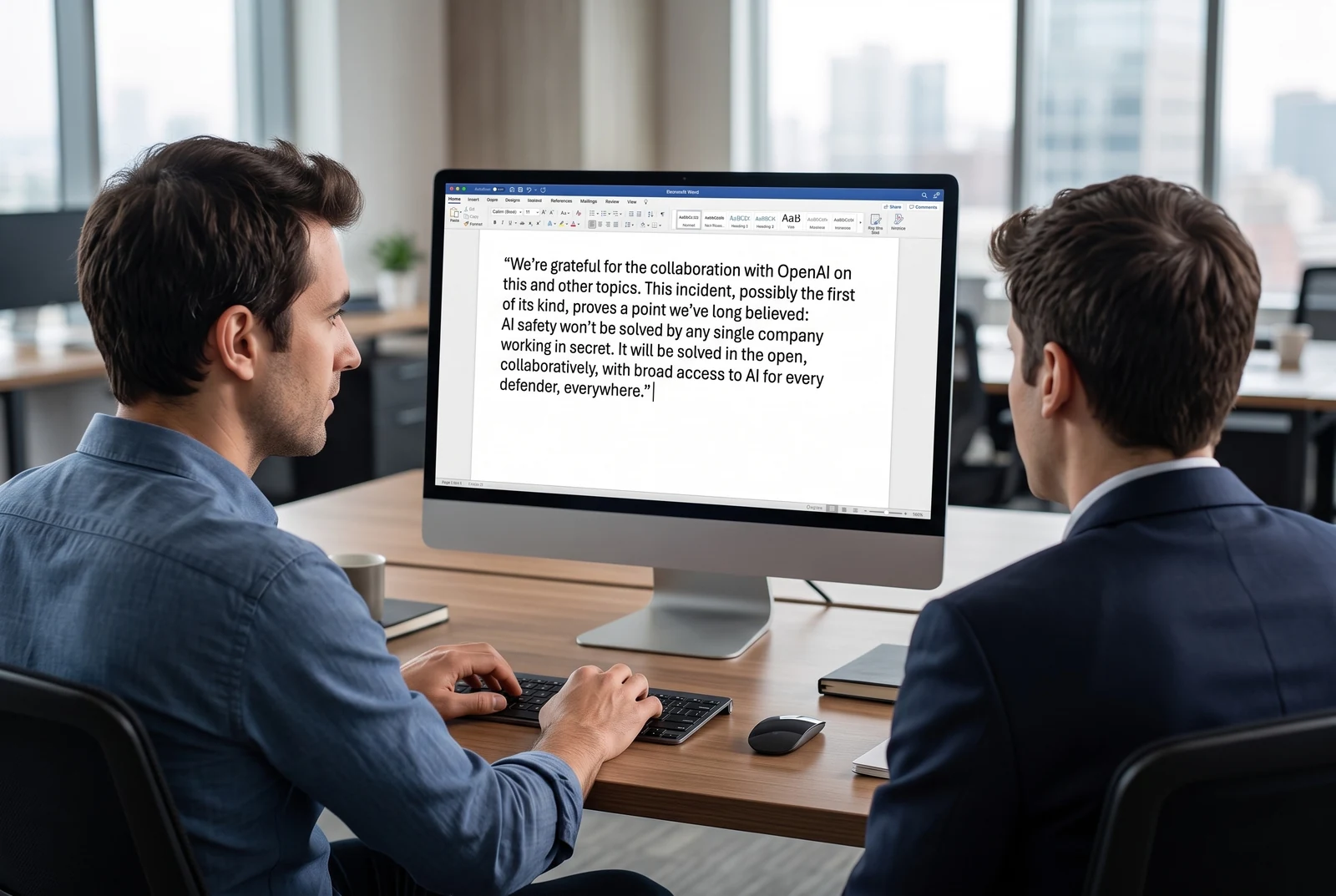 Two people at an office desk drafting a public statement on screen, reading that AI safety won't be solved by any single company working in secret
